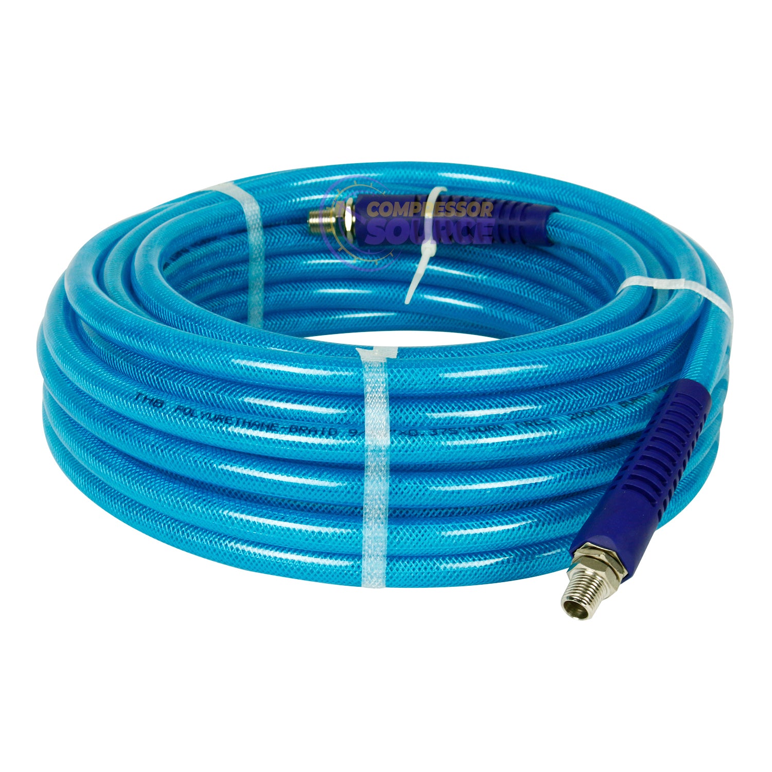 3/8 Inch Polyurethane Air Hose 1/4 Inch Male NPT Fittings 200 PSI 50 Feet Blue AU-2082