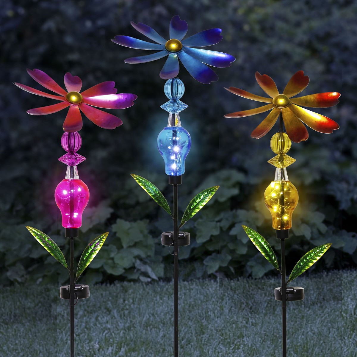 Bejeweled Metal Spinning Floral Solar Stake Light