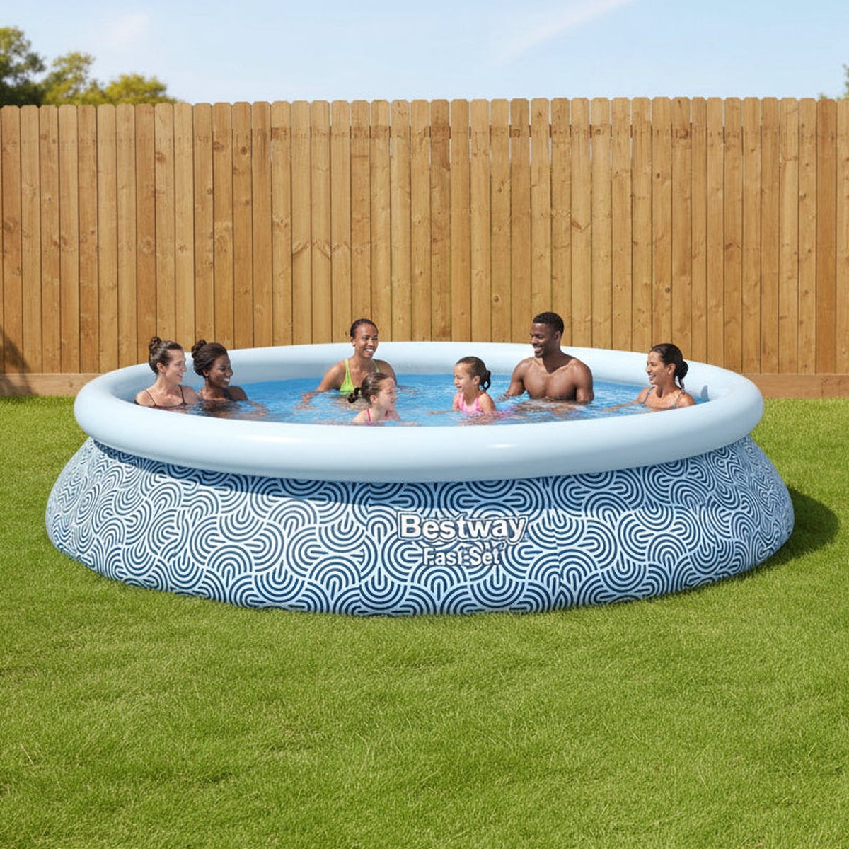 Bestway Fast Set 13' x 33" Round Inflatable Swimming Pool Set, Rattan Print