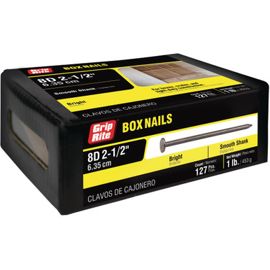 Grip Rite 8d, 11-1/2 Gauge, 2-1/2" Box Nails, Bright, Diamond Point, Smooth Shank, (1 lb Box/12 Boxes), #8BX1