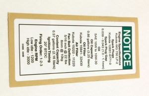 Genie Lift Part # 31055GT - DECAL,NOTICE,KUBOTA GAS SPECS, EA