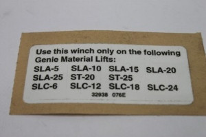 Genie Lift Part # 32938GT - DECAL,LABEL,WINCH ONLY, EA