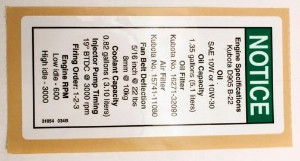 Genie Lift Part # 31054GT - DECAL,NOTICE,KUBOTA DIE.SPECS, EA