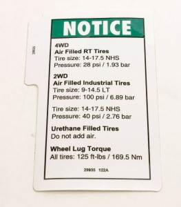 Genie Lift Part # 29935GT - DECAL,NOTICE,TIRE PRESS&TORQUE, EA