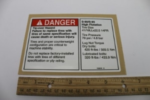 Genie Lift Part # 133372GT - DECAL,DANGER/LABEL,TIRE SPECHF, EA