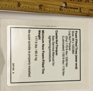 Genie Lift Part # 237130GT - DECAL,NOTICE,TIRE SPECS,FRONT, EA