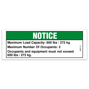 Genie Lift Part # 40515GT - DECAL,NOTICE,MAX 600#,ANSI/CSA, EA
