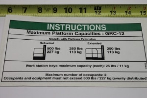 Genie Lift Part # 133196GT - DECAL-NOTICE,MAX CAP-500 LB, EA