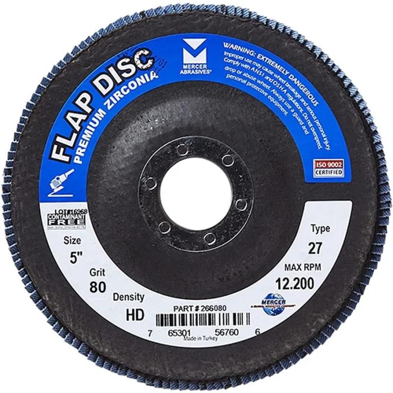 Mercer Industries 266080 Zirconia Flap Disc, High Density, Type 27, 5″ x 7/8″, Grit 80, 10 Pack