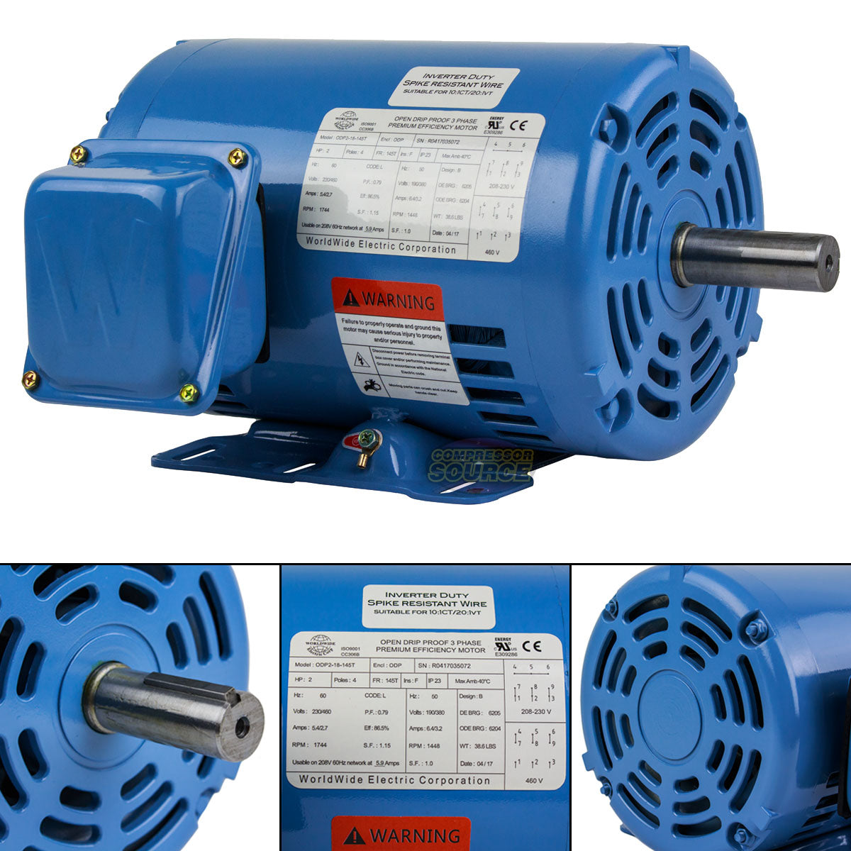 2 HP 3 Phase Electric Motor 1744 RPM 145T Frame 230-460V ODP ODP2-18-145T