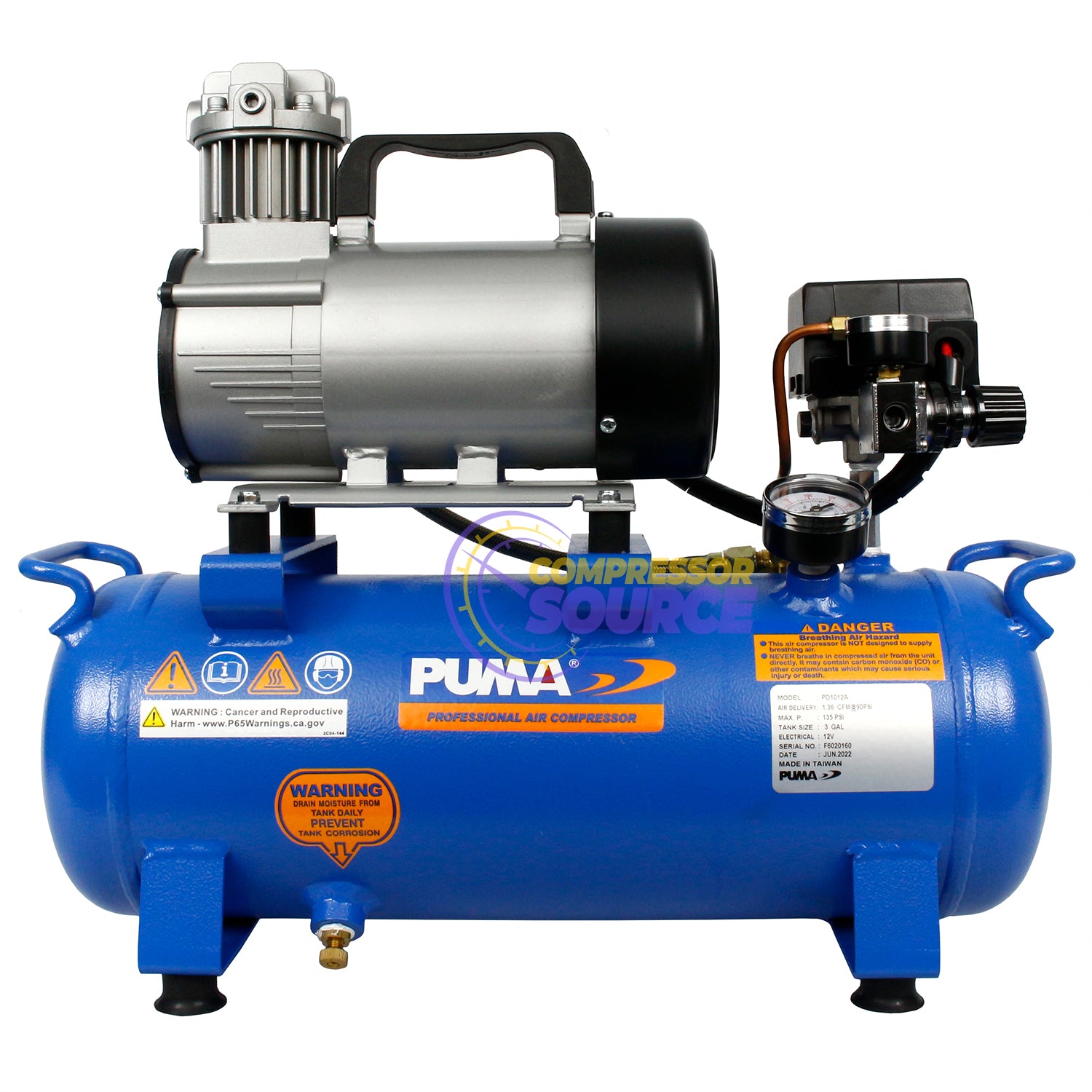 3/4 HP 3 Gallon 1.3 CFM @ 90 PSI Portable Air Compressor 12V Oilless Puma PD1012A