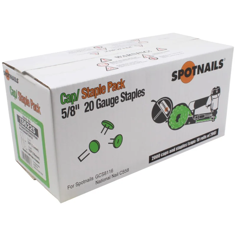 Spotnails 20GA 3/8″ Medium Crown x 5/8″ Leg Cap Staples – Galvanized StaplePac (2,000) 136225